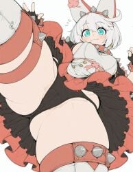 :3 ahoge ai_generated animal_ears ass ass_visible_through_thighs bangs black_gloves black_panties blue_eyes blush bracelet breasts cameltoe closed_mouth clover collar crotch dress elphelt_valentine fake_animal_ears female fingerless_gloves flying_sweatdrops four-leaf_clover from_below gloves hair_between_eyes hairband huge_ahoge jewelry large_breasts looking_at_viewer looking_down panties rabbit_ears short_hair simple_background smile solo sondu spiked_bracelet spiked_collar spikes thigh_strap thighhighs thighs underwear upskirt white_background white_dress white_hair white_thighhighs