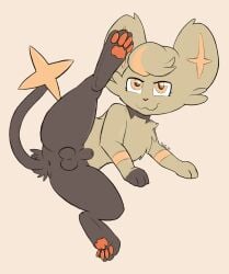 2025 animal_genitalia anus balls black_body black_fur cheek_tuft facial_tuft feral fur generation_4_pokemon genitals gynomorph head_tuft hi_res intersex kerilyn leg_markings looking_at_viewer markings nintendo pawpads paws pokemon pokemon_(species) raised_leg sheath shinx smile socks_(marking) solo solo_focus star tuft yellow_eyes