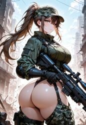 1female 1girls 2d ai_generated ass ass_cheeks back back_view battlefield big_ass big_butt breasts brown_eyes brown_hair buttocks camouflage camouflage_clothing camouflage_headwear camouflage_thighhighs cap city civitai cowboy_shot curvaceous curvy curvy_female curvy_figure dat_ass destroyed_building destroyed_city exposed_ass exposed_butt female female_focus female_only female_sniper female_soldier fireandflame from_behind high_ponytail holding_weapon hourglass_figure human human_female leotard light-skinned_female light_skin looking_at_viewer military_cap military_clothing military_uniform outside ponytail rear_view round_ass round_butt self_upload serious shiny shiny_skin sideboob slim_waist sniper sniper_rifle soldier solo solo_female standing thick_ass thick_butt thick_legs thick_thighs thighs thin_waist thong thong_leotard uncensored voluptuous voluptuous_female weapon wide_hips
