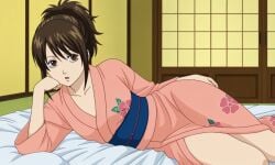 1girls 2d 2d_(artwork) ai ai_generated asian asian_clothing asian_female bored brown_eyes brown_hair expecting female female female female_human female_only front_view gintama gintama:_be_forever_yorozuya girly hands high_ponytail hips japan japanese japanese_clothes japanese_clothing japanese_female japanese_room kimono legs lying_on_bed open_mouth ponytail pose quietns room sexy sexy_body sexy_pose shimura_tae small_breasts solo yukata