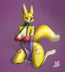 2025 anthro armwear bandai_namco biped black_lips black_sclera bottomless breasts bridal_gauntlets canid canine cheek_tuft cherry_tank_top claws cleavage clothed clothing countershade_face countershade_fur countershade_torso countershading digimon digimon_(species) digital_media_(artwork) dipstick_tail facial_tuft feet female fox fur hi_res hindpaw lips mammal markings paws pecivalrat pink_eyes purple_armwear purple_background purple_bridal_gauntlets purple_clothing renamon shaded simple_background solo tail tail_markings teeth toe_claws tuft white_body white_fur white_tail_tip yellow_body yellow_fur