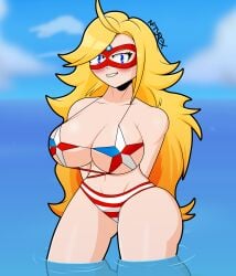 1girls bikini blonde_hair breasts charlotte_vanders kamen_america kamen_america_(series) large_breasts light-skinned_female light_skin looking_at_viewer niftyrex smiling smiling_at_viewer thighs