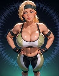 ai_generated blonde_hair cleavage crop_top fr34ky huge_breasts leggings midriff mortal_kombat mortal_kombat_3 sonya_blade tanned