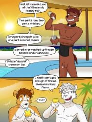 3:4 al_(texnatsu) anthro athletic athletic_male balls bodily_fluids bottle canid canine canis casual_nudity circumcised cocktail_glass collar comic container cum cup dialogue domestic_dog drinking drinking_glass duo english_text eyewear felid flaccid fuze genital_fluids genitals glass glass_container glass_cup glasses hi_res leonard_(texnatsu) male mammal nipples pantherine penis pince-nez robbie_(texntasu) shaker solo speech_bubble straw_(disambiguation) sunset text tiger wolf