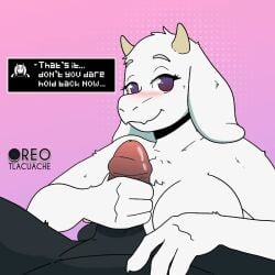 1:1 animated anthro balls big_breasts blush bodily_fluids bovid breasts caprine deltarune digital_media_(artwork) duo english_text erection female fur genital_fluids genitals goat handjob hi_res horn looking_at_viewer male male/female mammal masturbation mature_anthro mature_female nipples nude oreo_tlacuache penile penis sex short_playtime simple_background smile text toriel undertale undertale_(series) white_body white_fur