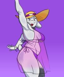 2023 absurd_res anthro big_breasts bikini black_eyes boss_monster_(undertale) bovid bracelet breasts caprine clothing digital_media_(artwork) eyelashes fangs female floppy_ears fur gesture goat hat headgear headwear hi_res horn jewelry looking_at_viewer lop_ears mammal necroeddie open_mouth open_smile purple_background purple_bikini purple_clothing purple_swimwear raised_arm scut_tail short_tail side_view simple_background slightly_chubby smile solo sun_hat swimwear tail teeth thick_thighs toriel two-piece_swimsuit undertale undertale_(series) waving waving_at_viewer white_body white_fur white_horn wide_hips