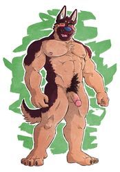 abs barefoot biceps big_muscles blue_nose blush body_hair canine chest_tuft circumcised closed_eyes coach fur german_shepherd green_eyes hair happy_trail hindpaw humanoid_penis kumu male male_only mammal muscles nipples nude omfgitsmiller paws pecs penis solo toned tuft