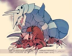 aggron ambiguous_gender anal anal_sex bandai blue_eyes closed_eyes collaboration crossover digimon dragon duo forced growlmon liger_inuzuka male_only monster nintendo penetration pokemon pokemon_(species) raine_lucht reptile scalie text video_games