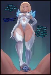 blonde_hair blue_eyes caption cbt chastity chastity_cage chastity_device emma_frost femdom marlai short_hair