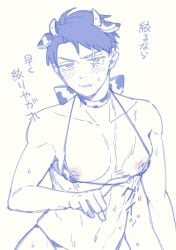 bikini blush cow_boy cow_ears cow_horns cow_print cow_print_bikini facial_scar gegege_no_kitarou inverted_nipples juuban kitarou_tanjou_gegege_no_nazo lactation looking_at_viewer male male_lactation male_only milk mizuki_(gegege_no_kitarou) monochrome scar scar_across_eye solo sweat