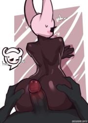 1boy 1girls burgerkiss doggy_style from_behind from_behind_position grabbing grabbing_ass grabbing_from_behind heart hollow_knight hornet_(hollow_knight) imminent_sex moaning penis protagonist_(hollow_knight)