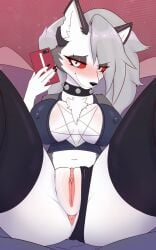 1girls anthro big_breasts blush breasts censored censored_pussy female female_furry frezezyk furry hellhound helluva_boss holding_phone looking_at_viewer loona_(helluva_boss) mosaic_censoring nipples_visible_through_clothing phone pussy smile smiling_at_viewer solo spiked_collar vivienne_medrano wolf wolf_girl youtube