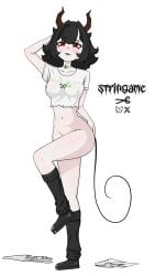 black_hair breasts demon_girl gothic gothic_girl horns lingerie maggy_(maggys_basement) maggys_basement red_eyes stripes stripgame succubus_tail