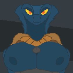 1:1 animated anthro armor breast_play breasts digital_media_(artwork) duo female fenton-blitzgerald first_person_view looking_at_viewer loop male male/female nipples pixel_(artwork) pixel_animation pov_titfuck reptile scalie serpentine sex short_playtime snake titjob