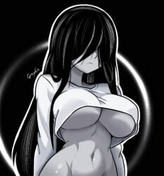 1girls artist_name big_breasts black_hair bottomless breasts busty expressionless female female_only hair_over_eyes highres large_breasts long_hair navel no_bra pose posing sensual sexy sexy_pose shirt the_ring toned underboob very_long_hair yamamura_sadako