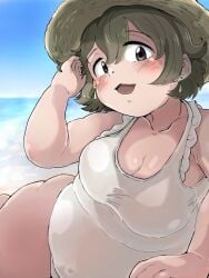 bbw beach blush brown_eyes brown_hair chubby chubby_female cleavage female female_only gegege_no_kitarou hat kitarou_tanjou_gegege_no_nazo looking_at_viewer mature mature_female one-piece_swimsuit outdoors plump ryuuga_hinoe short_hair smile solo sun_hat swimsuit white_swimsuit