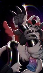 2025 absurd_res animal_genitalia anthro ass big_eyes biped black_background black_claws black_clothing black_hair black_pawpads claws cloaca cloacal cloacal_penetration clothed clothing digital_media_(artwork) dildo dildo_in_cloaca dildo_insertion eyebrows feet female female_penetrated front_view full-length_portrait fur genitals glistening glistening_clothing glistening_eyelashes glistening_eyes gradient grey_body grey_cloaca grey_fur grey_tail hair handwear hi_res holding_butt holding_own_butt holding_own_legs_up horn latex latex_clothing latex_legwear legwear looking_at_viewer monster multicolored_body nude open_mouth pawpads paws penetration portrait presenting presenting_cloaca presenting_hindquarters pubes pupils rainbow red_background red_eyebrows red_tail reskaro_kern_(reskaro) rrd-artist sex sex_toy sex_toy_in_cloaca sex_toy_insertion simple_background smile solo sparkles tail tight_clothing toes translucent tuft two_tone_body two_tone_tail