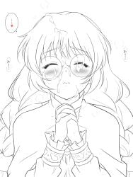 adorable cum cum_on_face cute embarrassed embarrassed_expression embarrassed_female facing_viewer glasses green_hair kiikii kiikii_(kitsukedokoro) kitsukedou nerdy_female philia_felice praying priestess purple_hair tales_of_(series) tales_of_destiny taleskko_5 taleskko_collection