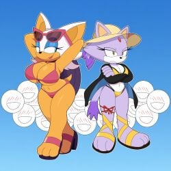 1:1 anthro bat big_breasts big_ears black_nose blaze_the_cat blue_background blue_eyeshadow breasts clothing crossed_arms dipstick_tail domestic_cat duo eyeshadow eyewear eyewear_on_head feet felid feline felis female footwear forehead_gem front_view fur gem green_eyes hands_behind_head hat headgear headwear hi_res jeanart makeup mammal markings navel orange_body orange_fur pink_clothing pink_swimwear purple_body purple_fur rouge_the_bat sandals sega shoes simple_background smile sonic_(series) sonic_the_hedgehog_(series) sun_hat sunglasses sunglasses_on_head swimwear tail tail_markings thick_thighs white_body white_fur wide_hips yellow_eyes