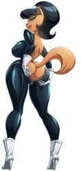 2025 anthro anus ass back_zipper big_breasts big_butt black_hair bodysuit boots breasts butt_grab clothing colored curvy_figure domestic_cat felid feline felis female footwear full-length_portrait gloves green_eyes hair hand_on_butt handwear hi_res high_heeled_boots high_heels hourglass_figure kitty_katswell lips looking_at_viewer looking_back mammal nickelodeon nipple_outline omiiverse portrait pussy_peek rear_view shaded shoes side_boob simple_background skinsuit smile solo standing t.u.f.f._puppy tan_body thick_thighs thigh_gap tight_clothing white_background wide_hips zipper_down