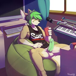 anthro balls black_nose bottomless brown_fur canine clothed clothing computer drink erection fur green_eyes green_hair green_penis grin hair half-dressed headphones humanoid_penis looking_at_viewer male male_only mammal penis pose reclining redwolfxiii shirt sitting smile solo spread_legs spreading tan_fur tank_top