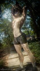 1boy 2025 3d_(artwork) 9:16 anthro athletic athletic_anthro athletic_male black_hair bodily_fluids brown_body brown_fur bulge canid canine canis clothed clothing detailed_bulge digital_media_(artwork) footprint footwear forest fur hair hands_behind_head jackal jake_(maxkore) male male_only mammal markings maxkore navel navel_piercing nike nipple_piercing nipples outside pawprint pawprint_(marking) piercing plant purple_eyes scar shoes shorts_only signature sneakers socks solo stretching sweat tail tan_body tan_fur tattoo topless topless_male tree