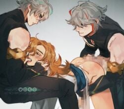 alhaitham_(genshin_impact) anal anal_sex censored clone gay genshin_impact kaveh_(genshin_impact) mosaic_censoring threesome yaoi