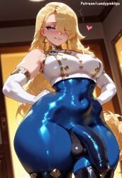 ai_generated asymmetrical_bangs blonde_hair blue_eyes brown_dust_(series) candypinklips clenched_hands crop_top erect_penis erection_under_clothes futanari hair_over_one_eye hands_on_hips latex_bodysuit medium_breasts standing testicles thick_penis very_long_hair white_elbow_gloves white_sleeveless wilhelmina_(brown_dust)