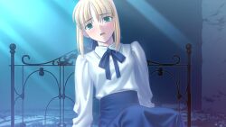 1girls bed blush fate/stay_night fate_(series) green_eyes saber solo yellow_hair