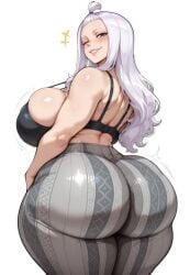 ai_generated back_view backboob bare_thighs big_ass big_butt blush bra fairy_tail fat_ass forbidden_pants gigantic_ass gigantic_breasts hair_bun huge_bra huge_breasts huge_thighs light-skinned_female light_skin long_hair looking_back massive_ass massive_breasts mirajane_strauss purple_eyes smiling solo_female squatting sweat sweatdrop thick_body thick_female thick_thighs thighs voluptuous voluptuous_female white_hair yashugai