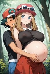 1boy 1boy1girl 1girl1boy 1girls 2025 2025s 2d 2d_(artwork) ai_generated bare_shoulders black_hair blonde_female blonde_hair blonde_hair blue_eyes closed_eyes clothed clothing day daytime female female forest forest_background hand_on_stomach hat hugging hugs human human_female human_male human_only long_hair male nai_diffusion nintendo nipples nipples_visible_through_clothing open_eyes pokemon pokemon_xy pregnant pregnant_belly pregnant_female satoshi_(pokemon) serena_(pokemon) short_hair sidelocks smile stable_diffusion standing sunglasses sunglasses_on_hat tree trees