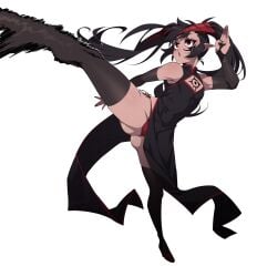 :o ain(in) black_hair demon demon_king demon_king_(in) femboy horns in_(ain) kicking panties qipao red_eyes red_horns red_panties