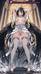 1girls 2025 ahoge ai_generated albedo_(overlord) arms_behind_head arms_up ass_visible_through_thighs black_hair black_wings breasts breasts_out demon_girl demon_horns demon_wings dress feathered_wings female full_body hair_between_eyes hi_res highres horns labia large_breasts long_hair looking_at_viewer low_wings natsuyoru nipples no_panties overlord_(maruyama) patreon pussy smile solo standing thighhighs thighs toes uncensored vagina very_long_hair voluptuous voluptuous_female white_dress white_horns white_thighhighs wings yellow_eyes