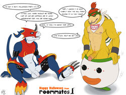 anthro balls bandai bowser_jr. bowser_koopa_junior_(roommates) cosplay digimon duo ear_piercing facial_piercing flaccid flamedramon giancarlo_rosato halloween holidays humor koopa koopa_clown_car male male_only mario_(series) muscles nintendo nipple_piercing nipples nose_piercing nose_ring penis piercing roommates_(comic) scalie spelunker_sal