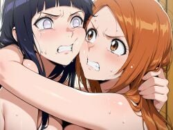 2girls ai_generated big_breasts bikini bleach breasts catfight crossover female fight fighting hyuuga_hinata inoue_orihime long_hair naked naked_female naruto naruto_(series) nude nude_female orange_hair tagme yuri