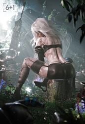1girls 2025 3d alternate_version_available android android_girl beauty_mark beauty_mark_under_mouth big_ass body_markings bra bubble_butt cybernetics detailed_background female female_only flowing_hair full_body grey_eyes hand_on_arm high_heels holding_own_arm holding_sword holding_weapon legs_apart lipstick long_hair looking_back nier nier:_automata nier_(series) no_nude no_nudity non-nude non_nude outdoors rear_view sitting sitting_on_stump sixplusone solo spread_legs white_hair yorha_a2