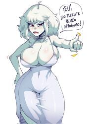1female albina_(tidal) albino angry child_bearing_hips curvy_female dressed huge_breasts latina light-skinned_female red_eyes short_hair_female text_bubble tidal_(artist) voluptuous_female white_hair_female
