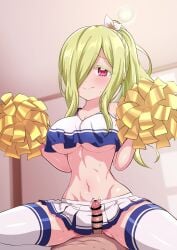1boy bar_censor blush breasts censored cheerleader cleavage closed_mouth commentary_request commission cowgirl_position cowgirl_position crop_top crop_top_overhang cropped_shirt female flower green_hair hair_flower hair_ornament hair_over_one_eye hands_up highres holding holding_pom_poms indoors jashin-chan_dropkick large_breasts large_variant_set long_hair looking_at_viewer microskirt midriff mumyou_ishi navel penis persephone_(jashin-chan_dropkick) pleated_skirt pom_pom_(cheerleading) ponytail red_eyes shirt shoes skeb_commission skirt sleeveless sleeveless_shirt smile straddling straight sweat thick_eyelashes thighhighs twitching_penis underboob variant_set white_flower white_shirt white_shoes white_skirt white_thighhighs