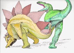 allosaurus ambiguous_gender animal_genitalia cloaca dinosaur dinosaurs duo feral fight plain_background scalie stab stegosaurus white_background