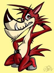 10s 1boy 2010 anti_dev atlus belly_button decker_(go!_go!_hypergrind) fur furry furry_only go!_go!_hypergrind male male_only nude one_hand_behind_head red_fur simple_background solo tagme video_games wolf yellow_background