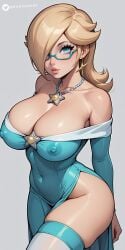 ai_generated big_breasts blonde_hair breasts cleavage erect_nipples long_hair looking_at_viewer nipples nipples_visible_through_clothing no_bra poncedart princess_rosalina thighhighs thighs watermark white_background