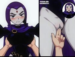 adult ai_generated belt big_breasts bob_cut clitoris comic comic_page cum dc dc_comics dripping dripping_pussy female fingering fingering_pussy front_view gray_pussy grey_skin groping groping_breasts large_breasts male_pov pov purple_eyes purple_hair raven_(dc) ravenheart64 sweat teen_titans wet wet_pussy