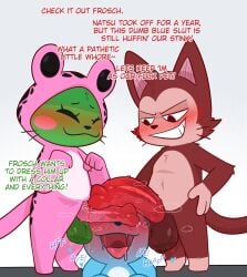 3boys animal_genitalia animal_penis balls blue_body blue_fur blush blush_lines bodily_fluids crushpepper drooling english_text exceed fairy_tail felid feline feline_genitalia feline_penis frosch_(fairy_tail) fur genitals happy happy_(fairy_tail) hi_res lector_(fairy_tail) male_only mammal musk musk_clouds open_mouth penile_spines penis penis_on_face red_body red_fur saliva simple_background sweat sweaty_balls sweaty_genitalia sweaty_penis tagme tail text yaoi