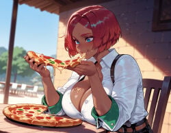 1girl 1girls ai_generated balecxi belt blue_eyes blurry_background blush breast_rest breasts breasts_on_table brick_wall brown_belt chair cleavage clothing collared_shirt curvaceous curvaceous_female curvaceous_figure curvy curvy_figure dark-skinned_female dark_skin day dress_shirt eating female female_focus fingernails flying_sweatdrops food food_in_mouth food_on_body food_on_breasts food_on_face giovanna_(guilty_gear) guilty_gear guilty_gear_strive high-waist_pants holding holding_food large_breasts lips long_sleeves looking_down on_chair outdoors pants parted_bangs partially_unbuttoned pizza pizza_slice red_hair shirt short_hair sitting sleeves_pushed_up sleeves_rolled_up solo sunlight suspenders table unbuttoned unbuttoned_shirt upper_body voluptuous voluptuous_female white_shirt