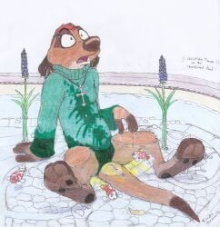 absurd_res bodily_fluids christian_symbol christianity clothing crucifix cyprinid cypriniform disney ear_piercing eyebrow_piercing facial_piercing feet fish flower fountain fur genital_fluids goldfish hi_res jewelry leaf leotard looking_at_another male marine omorashi outside partially_submerged pee_on_clothes peeing peeing_on_another pendant piercing plant religion simple_background sitting sitting_in_water soaked solo spread_legs spreading stone_wall stone_work surprised_expression tail tail_tuft the_lion_king timon timon-berkowitz traditional_media_(artwork) tuft urine wall_(structure) water wet wet_body wet_clothing wet_fur wetting