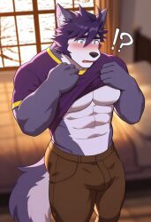1boy abs after_class ai_generated anthro bara buff canine furry hunk male male_only muscular muscular_male pecs pulled_up_shirt revealing sexy visual_novel walter wolf yaoi