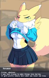 absurd_res ando anthro bandai_namco black_sclera bottomwear breasts canid canine clothing digimon digimon_(species) female fox fur hi_res hoodie mammal pleated_skirt pouting renamon skirt solo topwear under_boob white_body white_fur yellow_body yellow_fur
