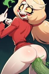 ai_generated ass blonde_hair blush breasts charlie_morningstar_(hazbin_hotel) female from_behind hazbin_hotel long_hair nail_polish open_mouth penis smile solo_focus straight veins veiny_penis yellow_eyes