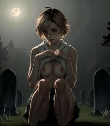 ai_generated blush breasts_out dark female female_only flashing_breasts foggy_background freckles grabbing graveyard heather_mason knees moon night nipples shirt_lift shoulders silent_hill_3 skirt white_topwear
