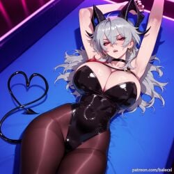 ai_generated armpits balecxi black_leotard choker cleavage demon_girl demon_tail female grey_hair heart horns large_breasts long_hair looking_at_viewer lying on_back pantyhose red_eyes solo virtual_youtuber wuthering_waves zani_(wuthering_waves)